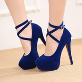 Women's Super High Cross Strap Platforms - Blue - Super High Stilettos - 16 B - Suede/PU Leather - image 16