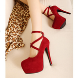 Women's Criss Cross Ankle Strap Platforms - Red - Suede / Stiletto Pumps - 46 B - Suede/PU Leather - image 26