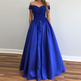 Women's Elegant Long Satin Ball Gown - Blue - Elegant Evening Gown - 28W - Satin - image 6