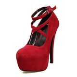 Women's Criss Cross Ankle Strap Platforms - Red - Suede / Stiletto Pumps - 46 B - Suede/PU Leather - image 30