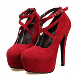 Women's Criss Cross Ankle Strap Platforms - Red - Suede / Stiletto Pumps - 46 B - Suede/PU Leather - image 28