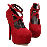 Women's Criss Cross Ankle Strap Platforms - Red - Suede / Stiletto Pumps - 46 B - Suede/PU Leather - image 25