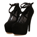 Women's Criss Cross Ankle Strap Platforms - Black - Suede / Stiletto Pumps - 46 B - Suede/PU Leather - image 36