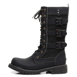 Men's Gothic Motorcycle Mid-Calf Boots - Black - Buckle Strap Boots - 45 B - PU Leather - image 5