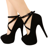 Women's Criss Cross Ankle Strap Platforms - Red - Suede / Stiletto Pumps - 46 B - Suede/PU Leather - image 1
