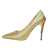 Metal Carved Heels - Gold - Embossed Heel Stilettos - 10 B - Silk/PU Leather - image 33