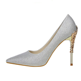 Metal Carved Heels - Black - Embossed Heel Stilettos - 10 B - Silk/PU Leather - image 32