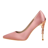 Metal Carved Heels - Pink - Embossed Heel Stilettos - 10 B - Silk/PU Leather - image 38