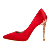 Metal Carved Heels - Red - Embossed Heel Stilettos - 10 B - Silk/PU Leather - image 40