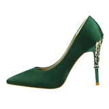 Metal Carved Heels - Green - Embossed Heel Stilettos - 10 B - Silk/PU Leather - image 43