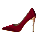 Metal Carved Heels - Wine Red - Embossed Heel Stilettos - 10 B - Silk/PU Leather - image 42