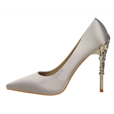 Metal Carved Heels - Grey  - Embossed Heel Stilettos - 10 B - Silk/PU Leather - image 34