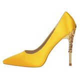 Metal Carved Heels - Yellow - Embossed Heel Stilettos - 10 B - Silk/PU Leather - image 36