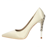 Metal Carved Heels - White - Embossed Heel Stilettos - 10 B - Silk/PU Leather - image 35