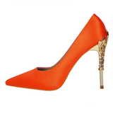 Metal Carved Heels - Orange - Embossed Heel Stilettos - 10 B - Silk/PU Leather - image 39