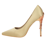 Metal Carved Heels - Champagne - Embossed Heel Stilettos - 10 B - Silk/PU Leather - image 37