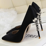 Metal Carved Heels - Black - Embossed Heel Stilettos - 10 B - Silk/PU Leather - image 12