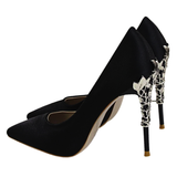 Metal Carved Heels - Black - Embossed Heel Stilettos - 10 B - Silk/PU Leather - image 6