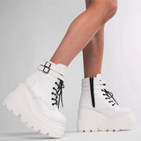 Women's High Platform Buckle Ankle Boots - Black - Ankle Wedge Boot - 43 B - PU leather - image 12