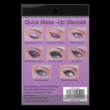 Purple packaging shows eight eye makeup styles with labeled images, including extravagant eyeliner and smokey cat eye. Text promotes ease and glamour.