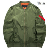 Olive green bomber jacket with a front zipper, orange lining, and a red ribbon on the sleeve. The word "Thin" appears in the top right corner.
