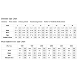 . The top chart lists sizes 2 to 16 with measurements in inches and centimeters for bust, waist, hips, and hollow to floor. The bottom chart displays plus sizes 16W to 26W with similar measurements. Keywords: dress size chart, measurements, size guide, bust, waist, hips."