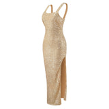 Elegant gold sequined evening gown with wide straps and a side slit, exuding glamour and sophistication, ideal for formal events.