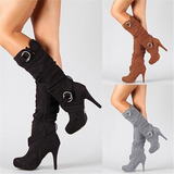 Women's Long High Heel Faux Suede Boots - Black - High Heel Boots - 13 B - PU Leather - image 5
