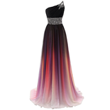 Elegant one-shoulder gown with black bodice and starry embellishments. Skirt features a gradient from dark purple to pink, exuding a dreamy, ethereal vibe.