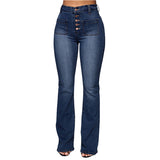 Women's High Waist Button Fly Fitted Jeans - Blue - Dark Blue / High Waist Jeans - 4XL - Polyester Denim - image 13
