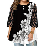 Women's Plus Splice Flower Print Blouse - Black - Flower Tunic Shirt - 8XL - Polyester - image 3