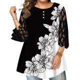 Women's Plus Splice Flower Print Blouse - Black - Flower Tunic Shirt - 8XL - Polyester - image 4