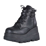 Women's High Platform Buckle Ankle Boots - Black - Ankle Wedge Boot - 43 B - PU leather - image 17
