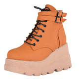 Women's High Platform Buckle Ankle Boots - Black - Ankle Wedge Boot - 43 B - PU leather - image 4