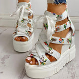 Women's Strappy Platform Wedge Shoes - Black - Flower Sandals - 43 B - PU Leather - image 25