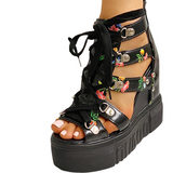Women's Strappy Platform Wedge Shoes - Black - Flower Sandals - 43 B - PU Leather - image 5