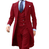 Men's Slim Fit 3 Pcs Formal Suit Tails Jacket - Burgundy - 3 Piece Suit Long Coat - 6XL - Polyester - image 22