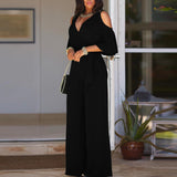 Women's Elegant Wide Leg Flared Pantsuit - Black - Elegant Pant Suit - XXL - Polyester - image 3