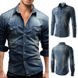 Men's Slim Fit Long Sleeved Denim Shirts - Blue - Dark Blue / Denim Shirt - 3XL - Polyester Denim - image 2