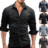 Men's Slim Fit Long Sleeved Denim Shirts - Blue - Dark Blue / Denim Shirt - 3XL - Polyester Denim - image 12