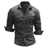 Men's Slim Fit Long Sleeved Denim Shirts - Blue - Dark Blue / Denim Shirt - 3XL - Polyester Denim - image 29