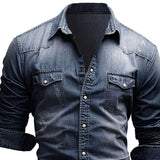Men's Slim Fit Long Sleeved Denim Shirts - Blue - Dark Blue / Denim Shirt - 3XL - Polyester Denim - image 7