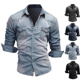 Men's Slim Fit Long Sleeved Denim Shirts - Blue - Dark Blue / Denim Shirt - 3XL - Polyester Denim - image 11